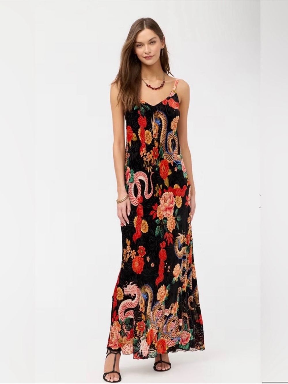 Johnny Was Kanako Black Floral & Snake-Print Maxi Slip Dress
